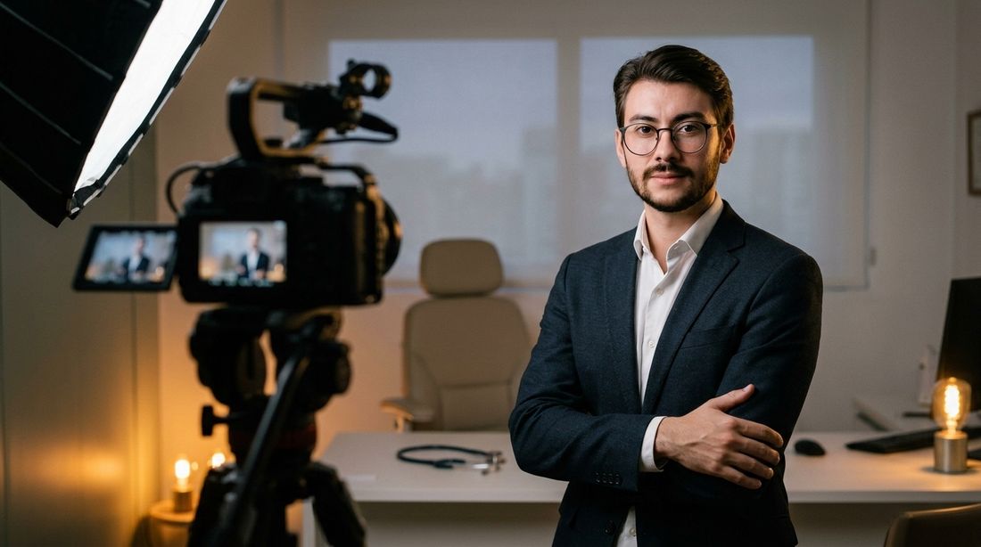 Victor Jangada em um consultório preparado para gravação