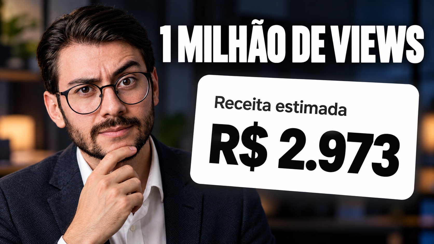 Victor Jangada desconfiado ao lado de um cartão do YouTube Studio com a receita estimada de R$ 2.973 e o texto 1 milhão de views