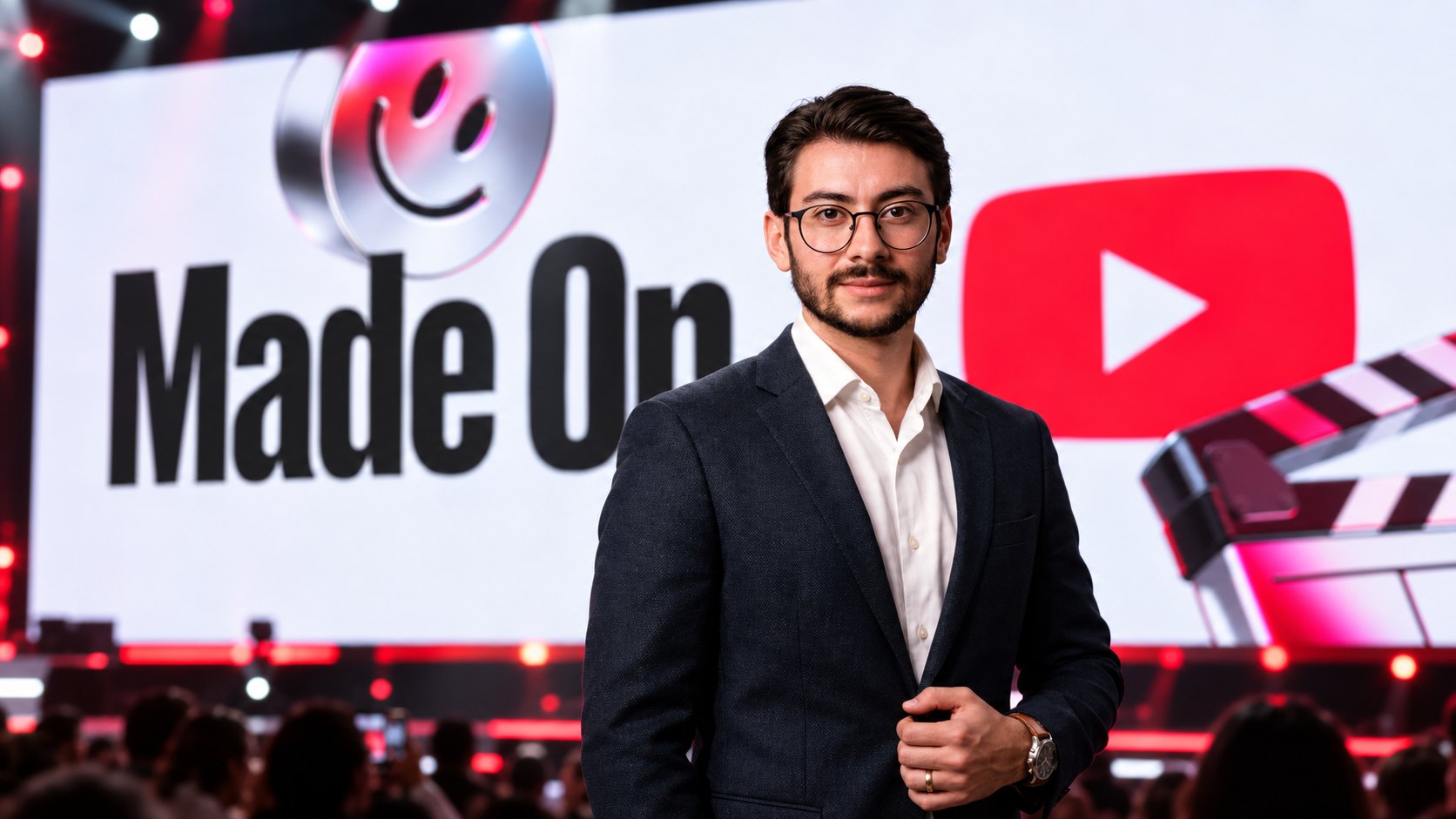 Victor Jangada de blazer azul-marinho no palco, com o logotipo do Made On YouTube e o botão de play do YouTube no telão atrás