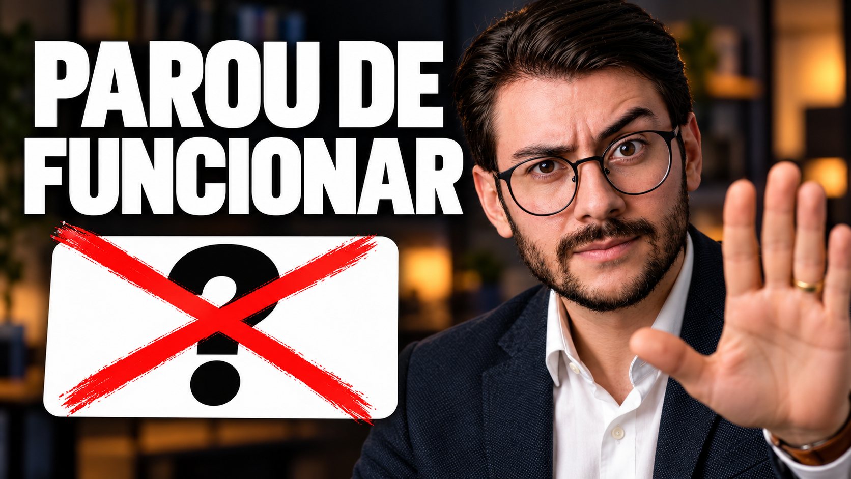 Victor Jangada com a mão levantada como quem diz pare, ao lado do texto "parou de funcionar" e de um cartão com um ponto de interrogação riscado em vermelho