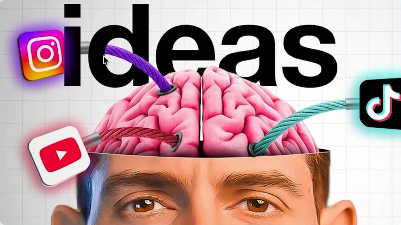 Thumbnail do vídeo The Science-Based Method To Create Irresistible Ideas, do Kallaway: a palavra ideas, um cérebro aberto e cabos ligando os logos do Instagram, do YouTube e do TikTok