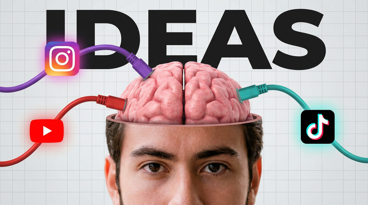 Thumbnail recriada com IA com o rosto de Victor Jangada: a palavra IDEAS, o cérebro aberto e os cabos ligando os logos do Instagram, do YouTube e do TikTok