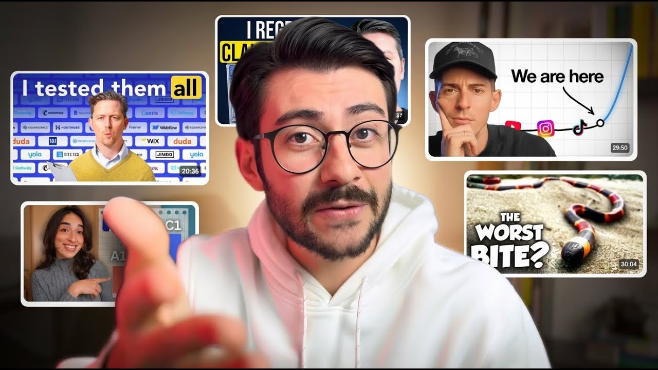 Victor Jangada apontando para a câmera cercado por cinco thumbnails de vídeos virais de outros canais