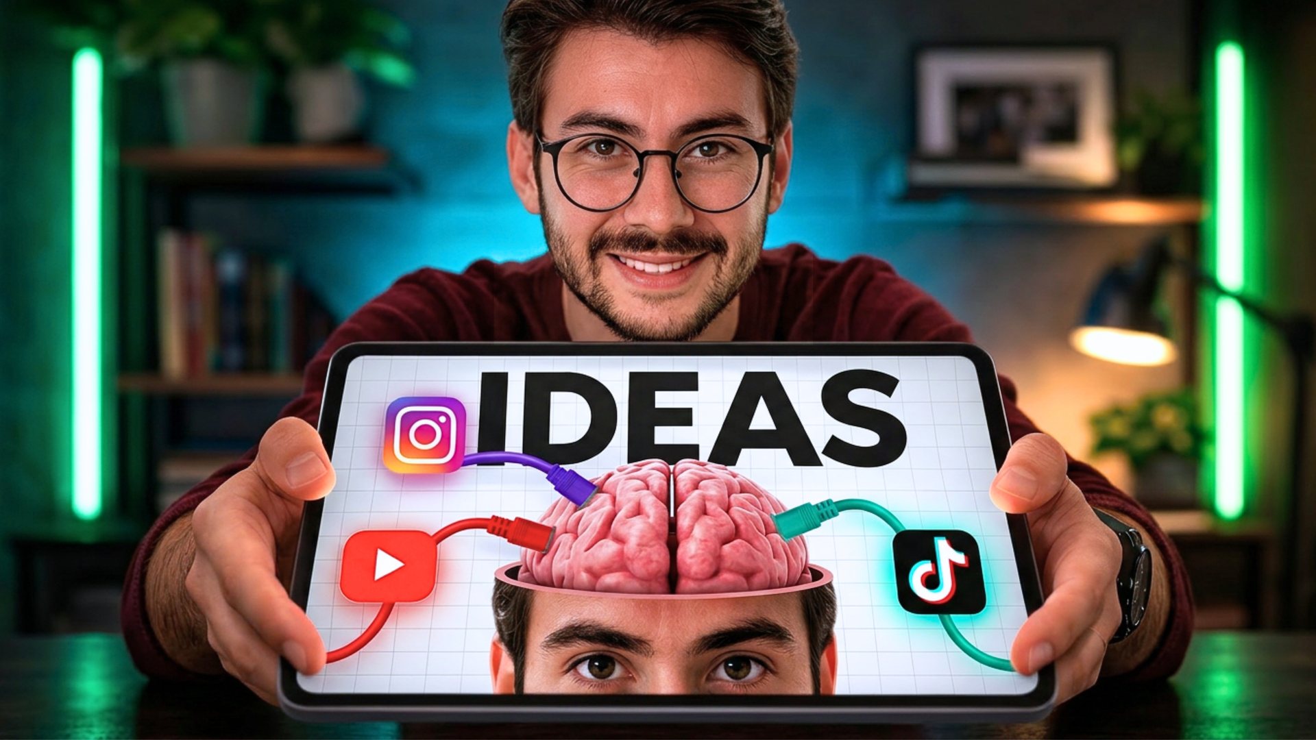 Victor Jangada segurando uma tela com a thumbnail recriada com IA, com a palavra IDEAS e um cérebro
