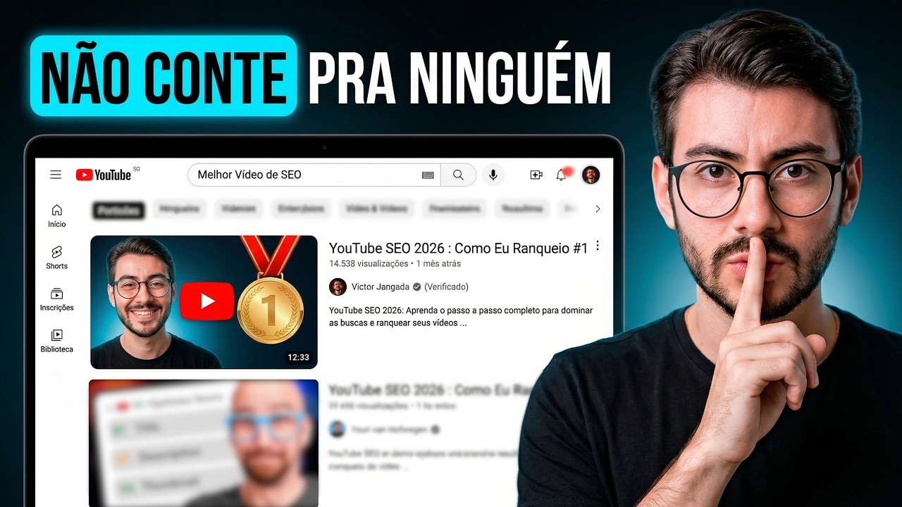 Victor Jangada com o dedo sobre a boca ao lado de uma tela do YouTube mostrando resultado de busca por SEO